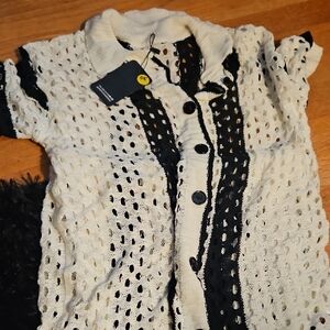 Black and White Knit Button-Up Top